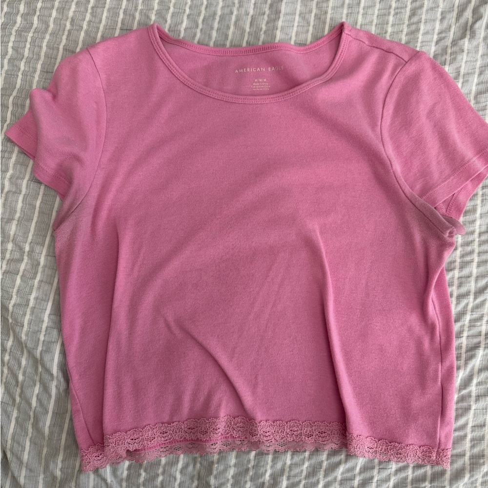American Eagle Outfitters Pink Lace Hem Women's Top